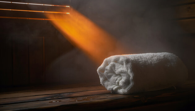 Rolled white luxury towel resting on a wooden bench inside a steamy sauna creating a dramatic warm and relaxing atmosphere generative AI