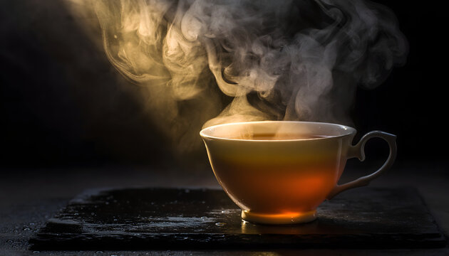 White ceramic teacup sitting on a wet slate coaster with rising steam under golden light creating a dramatic peaceful atmosphere generative AI
