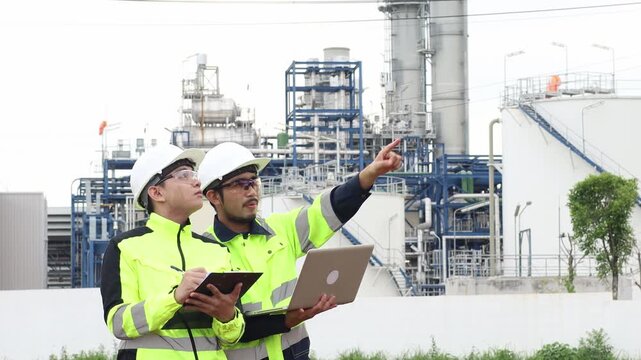 Professional industrial engineers wearing reflective safety uniforms and hard hats inspecting manufacturing factory site, analyzing production system and maintenance operations in heavy industry plant