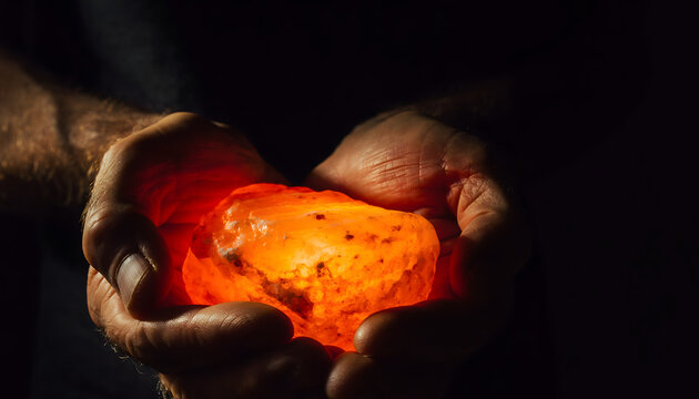 Himalayan salt lamp held in cupped hands radiating a warm orange light creating an intensely healing and deeply dramatic atmosphere generative AI