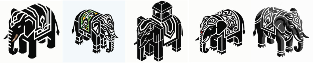 Obraz premium Set of Five Intricate Decorative Elephant Figurines in Isometric Black and White Vector Graphic Style