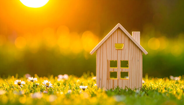 Small wooden miniature house model placed on grass creating a warm hopeful peaceful beautiful dreamy real estate sunset landscape photograph generative AI