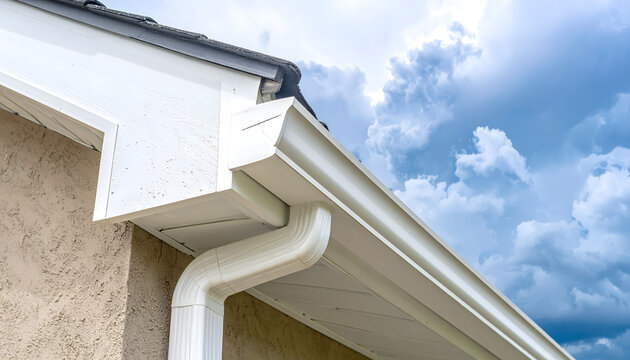 White residential rain gutter and downspout system creating a dramatic moody powerful atmospheric contrast stormy cloudscape perspective architectural photograph generative AI