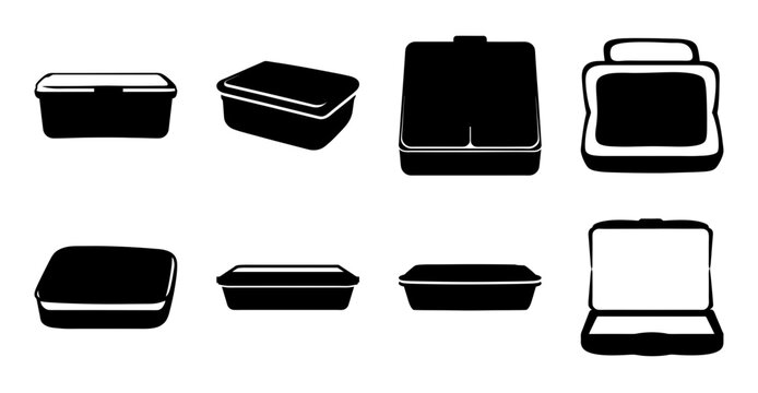 Black kitchen container and oven icons set - Minimalist black icons of kitchen containers, trays, and an oven for modern food and cooking design projects.