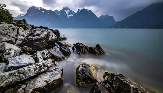 Long exposure seascape landscape with rocks creating a dark moody dramatic atmospheric powerful turbulent stormy ocean coastal nature scene photograph generative AI