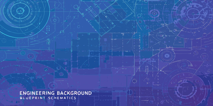 Engineering blueprint schematics with gears and technical drawings blue background