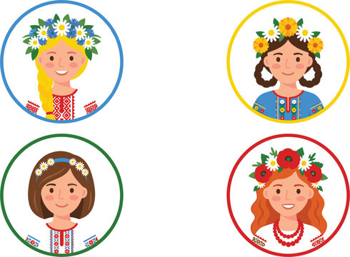 Ukrainian Slavic Girls Avatar Badge Set Wearing Traditional Embroidered Vyshyvanka Shirts and Floral Wreaths Vinok Headbands for Cultural and Holiday Designs
