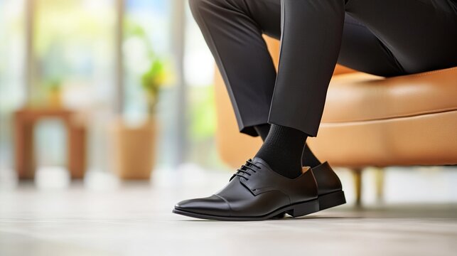 gentleman. Lower body view of professional attire in corporate waiting area. pitch deck slides, case study pages, designed for enterprise HRIS and productivity software interfaces.