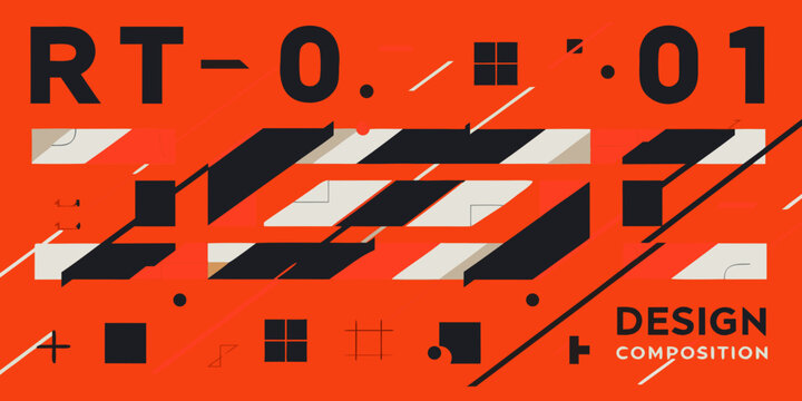 Geometric graphic composition with angled blocks and text on orange background