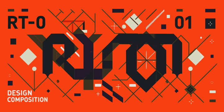 Brutalist graphic composition with geometric shapes and bold typography orange background
