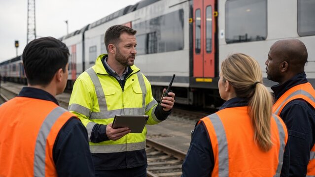 Workers discuss safety and operation plans near trains at a railway station in the afternoon