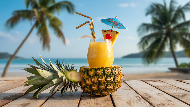 Refreshing pineapple cocktail served in hollowed fruit with umbrella and cherry garnish on rustic wooden table against tropical beach backdrop with palm trees and blue ocean.