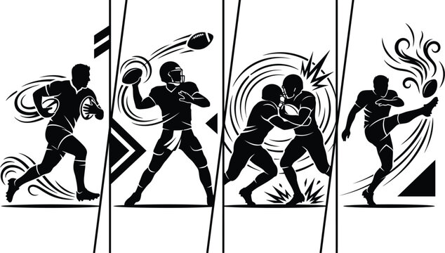 American football player action silhouettes