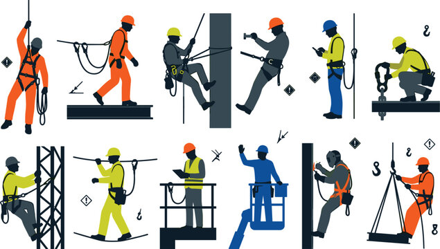 High Altitude Construction Worker and Industrial Climber Silhouette Vector Set with Safety Harness Gear for Engineering, Building, Maintenance, and Rigging Concepts