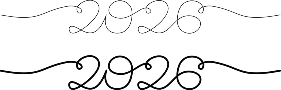 Elegant 2026 typography with flowing calligraphic swash lines forming decorative number design for New Year celebration graphics and festive branding. Stylish script composition for invitations banner