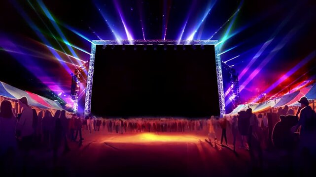Concert stage stands illuminated by vibrant neon laser lights with a large dark screen in the center providing ample copy space for event announcements and branding during a massive music festival.