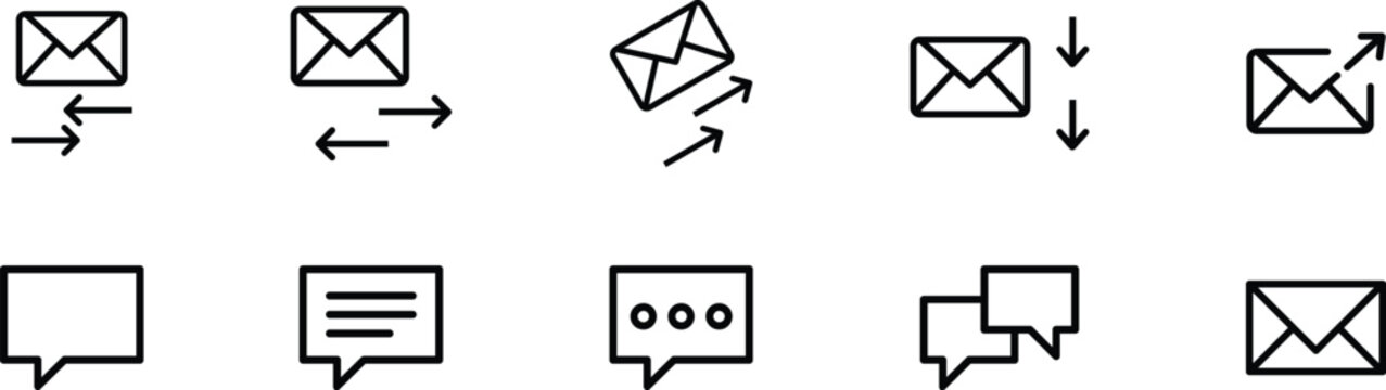 Minimal communication icon set with envelope mail send reply and chat message symbols in clean outline style for apps interfaces and digital messaging design. Modern UI collection for web and mobile 