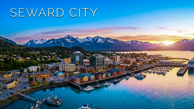 Stunning sunset over Seward City, Alaska, featuring a bustling harbor, modern buildings, and majestic snow-capped mountain ranges. A scenic coastal town highlighting the perfect blend of sea and peaks