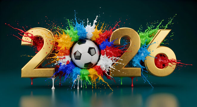 Golden 2026 numbers with a soccer ball exploding in colorful paint splashes