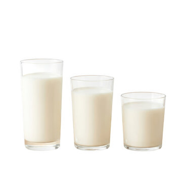 Three glasses of fresh milk in different sizes isolated on transparent background