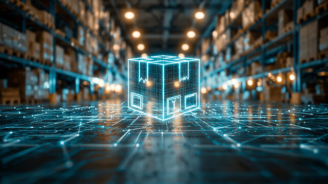 Futuristic Warehouse Automation: A glowing digital representation of a shipping box hovers above a circuit board-like grid, symbolizing advanced technology and automation within a modern.