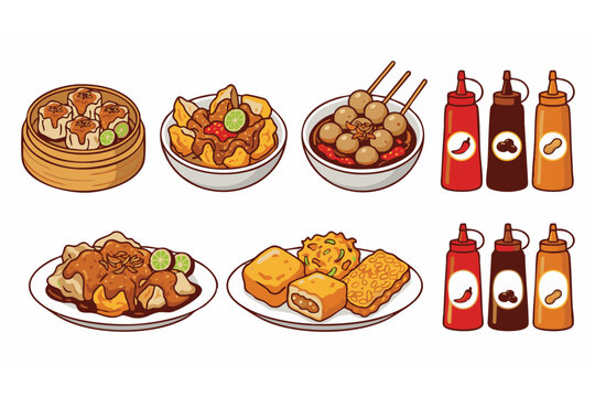 Collection of Indonesian Street Food Snacks Illustration Including Batagor Siomay and Bakso