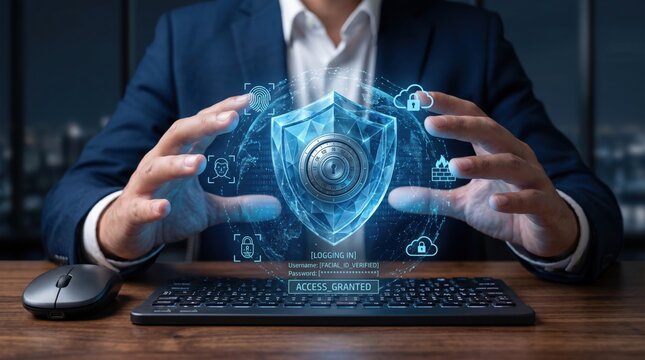 Businessman securing digital access with holographic shield and biometric authentication, cybersecurity concept showing fingerprint, face recognition