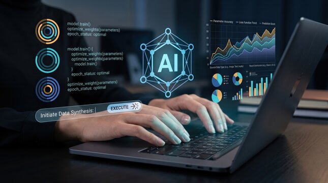 Developer hands typing code for artificial intelligence model training, optimizing weights and parameters on laptop with neural network graphics