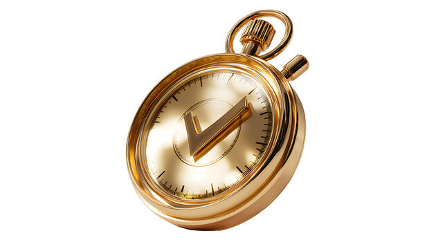 A high-impact 3D asset of golden stopwatch with check mark, symbolizing time efficiency and achievement, clean white background, cinematic lighting, 