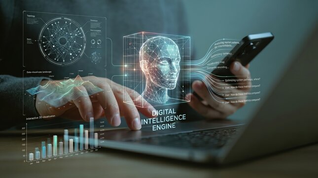 Digital intelligence engine concept with artificial intelligence brain network and data processing visualization on laptop and mobile device
