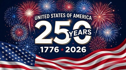 Obraz premium Celebrating 250 Years of the United States of America with Fireworks and the American Flag from 1776 to 2026