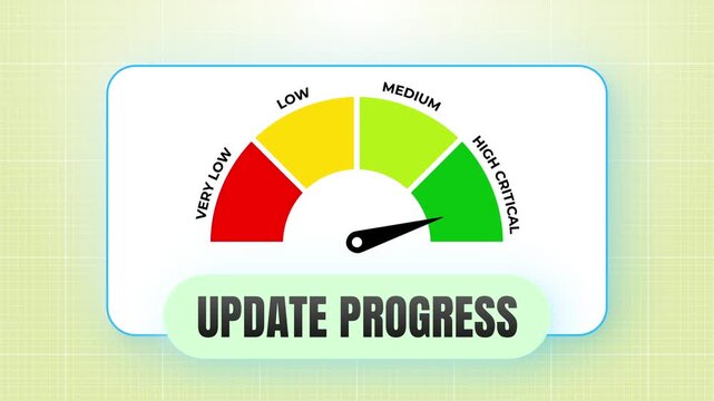 Update progress system software installation tracking gauge animation showing firmware upgrade from low to high critical status 4k video