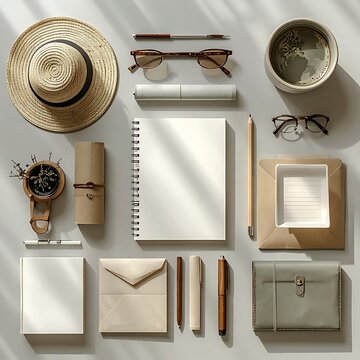 A neatly arranged assortment of everyday office and travel items on a white surface