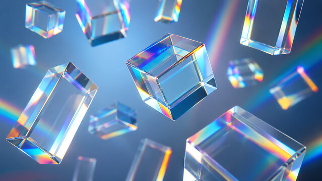 Floating glass blocks with rainbow chromatic dispersion effect. Artificial intelligence concept or premium tech product 3d rendering background