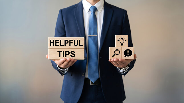 Businessman holding helpful tips blocks, advice concept, corporate guidance, wooden cubes