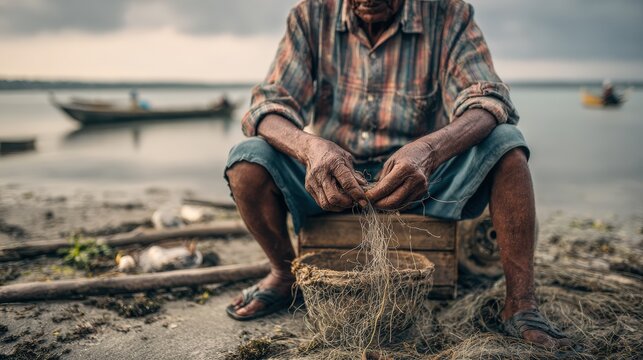 Fisherman Preparing Net by the Water