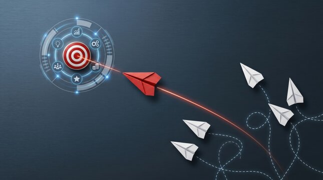 Red paper airplane hitting bullseye target with laser beam while others miss, symbolizing business strategy success goal achievement and leadership vision