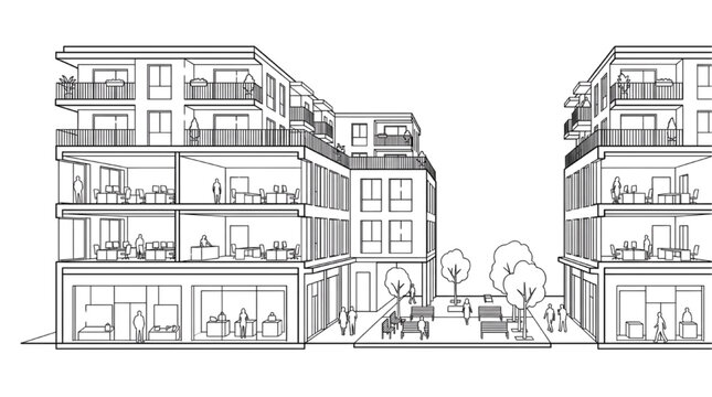 3D isometric line art illustration of L shaped mixed use building complex with active outdoor dining courtyard and rooftop agriculture terraces