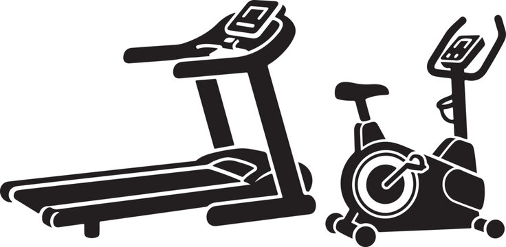 Black silhouette icons of a treadmill and a stationary exercise bike for fitness and gym workout