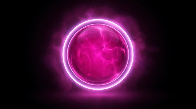 Glowing Magenta Neon Sphere with Energy Swirls on Black Background