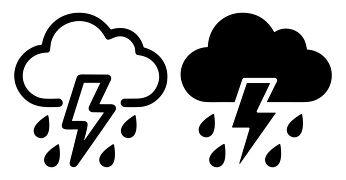 Black and white storm cloud icons with lightning and rain symbols representing thunderstorm weather on transparent background