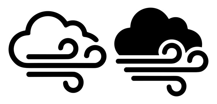 Black and white cloud and wind weather icons with swirl lines representing windy conditions on transparent background