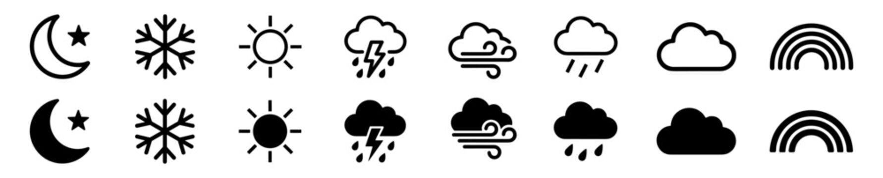 Set of diverse weather icons in outline and solid style including moon, star, snowflake, sun, thunderstorm, wind, rain, cloud, and rainbow illustrations on transparent background