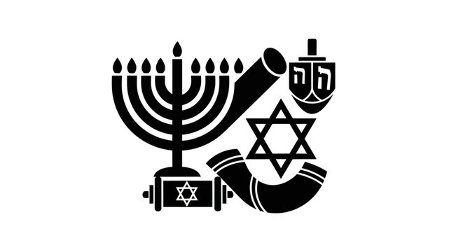 Black and white Jewish holiday religious symbols illustration.
