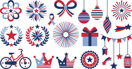 Obraz premium A collection of patriotic american themed design elements featuring stars stripes fireworks ribbons gift boxes and holiday decorations isolated on a clean white background surface
