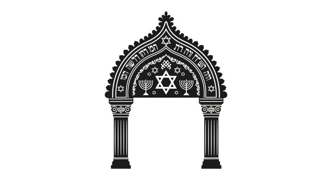 Black and white ornate Jewish archway with Star of David and Menorah.