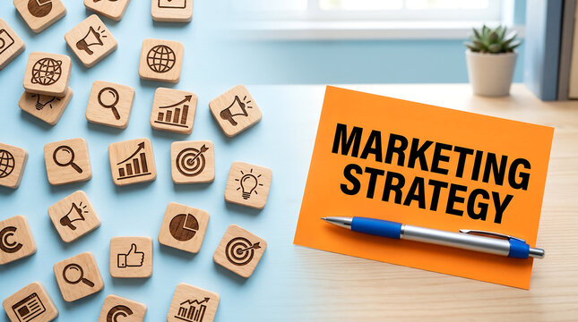 Marketing strategy, business planning, wooden icons, office desk