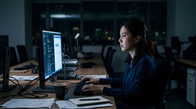 Young Female Software Engineer Working on Computer Code in Dark Office Room