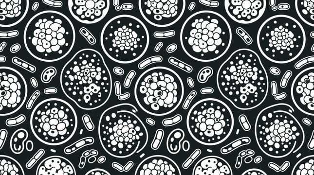 Scientific seamless pattern featuring clusters of cells and rod shaped bacteria on a dark background, for biological research