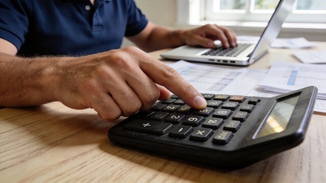 Man calculating financial data using calculator and laptop on wooden desk with documents, representing accounting, budgeting, tax preparation, or personal finance management at